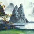 Chinese mountains, fog, autumn and lake